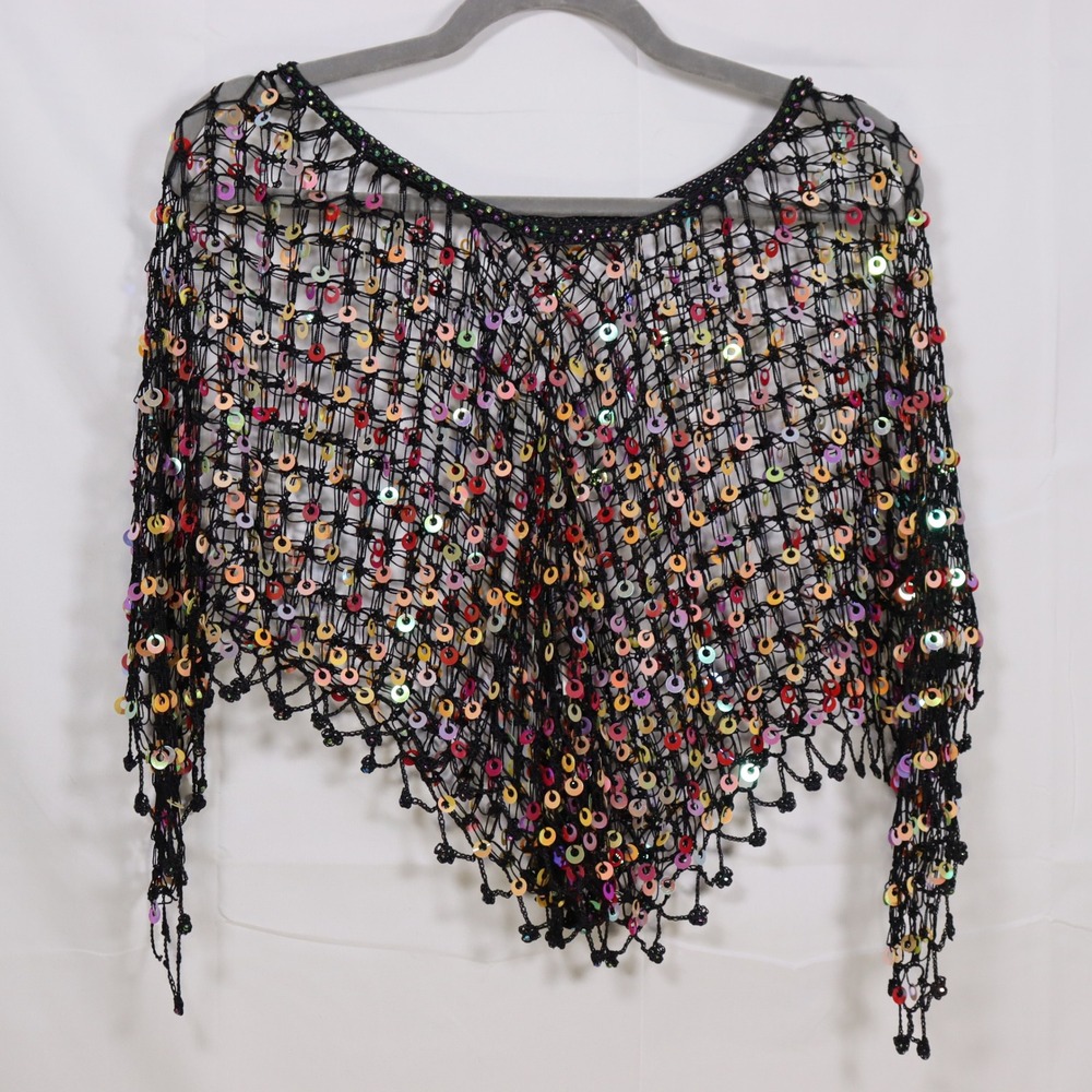 Sequin Poncho OS Black Womens Festival Disco Shimmer
